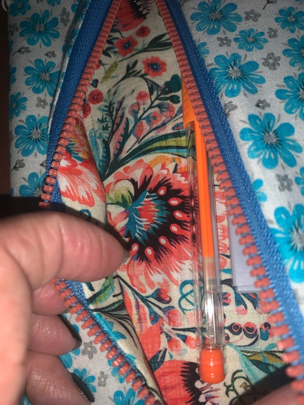 Floral Blue Cotton Pencil Case with Coral Zipper - Picture 7 of 8